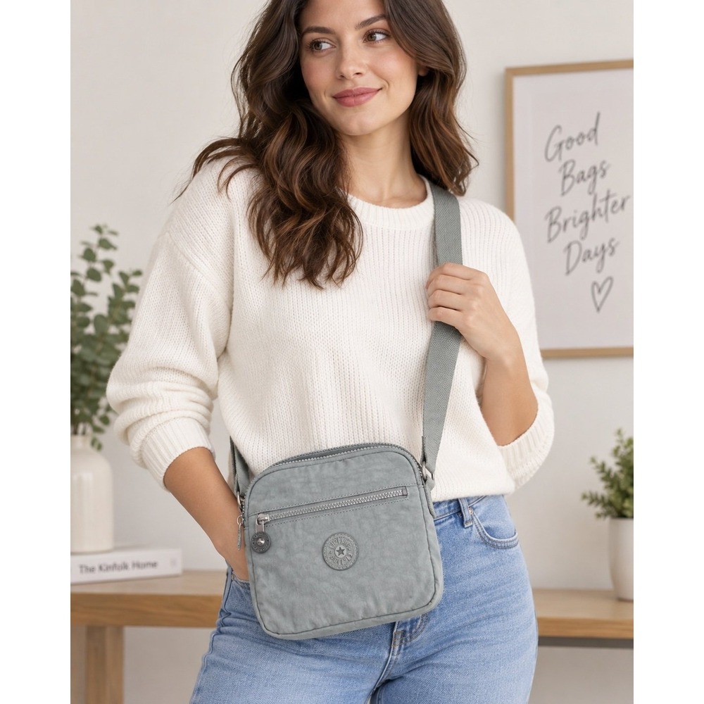 Kipling Sage Green Nylon Crossbody Bag Adjustable Strap Multi Pocket Travel Bag